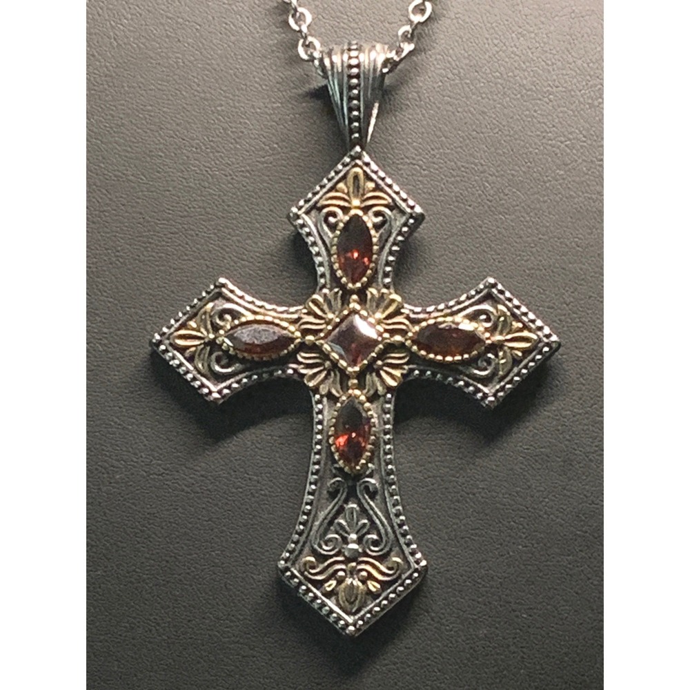 Gothic Cross Pendant Necklace Two Tone Red Stone 316L Stainless Steel 19in